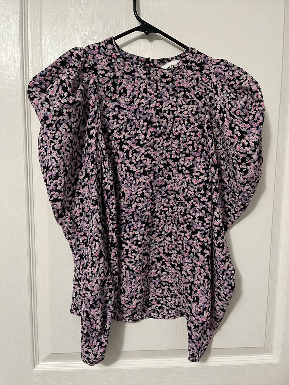 H&M Black Blouse with Pink Floral Print and Puff Sleeves